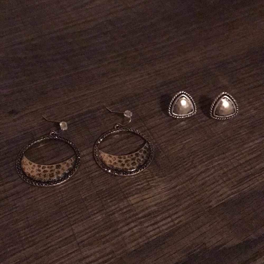 Earrings. Bronze dangle and silver color studs